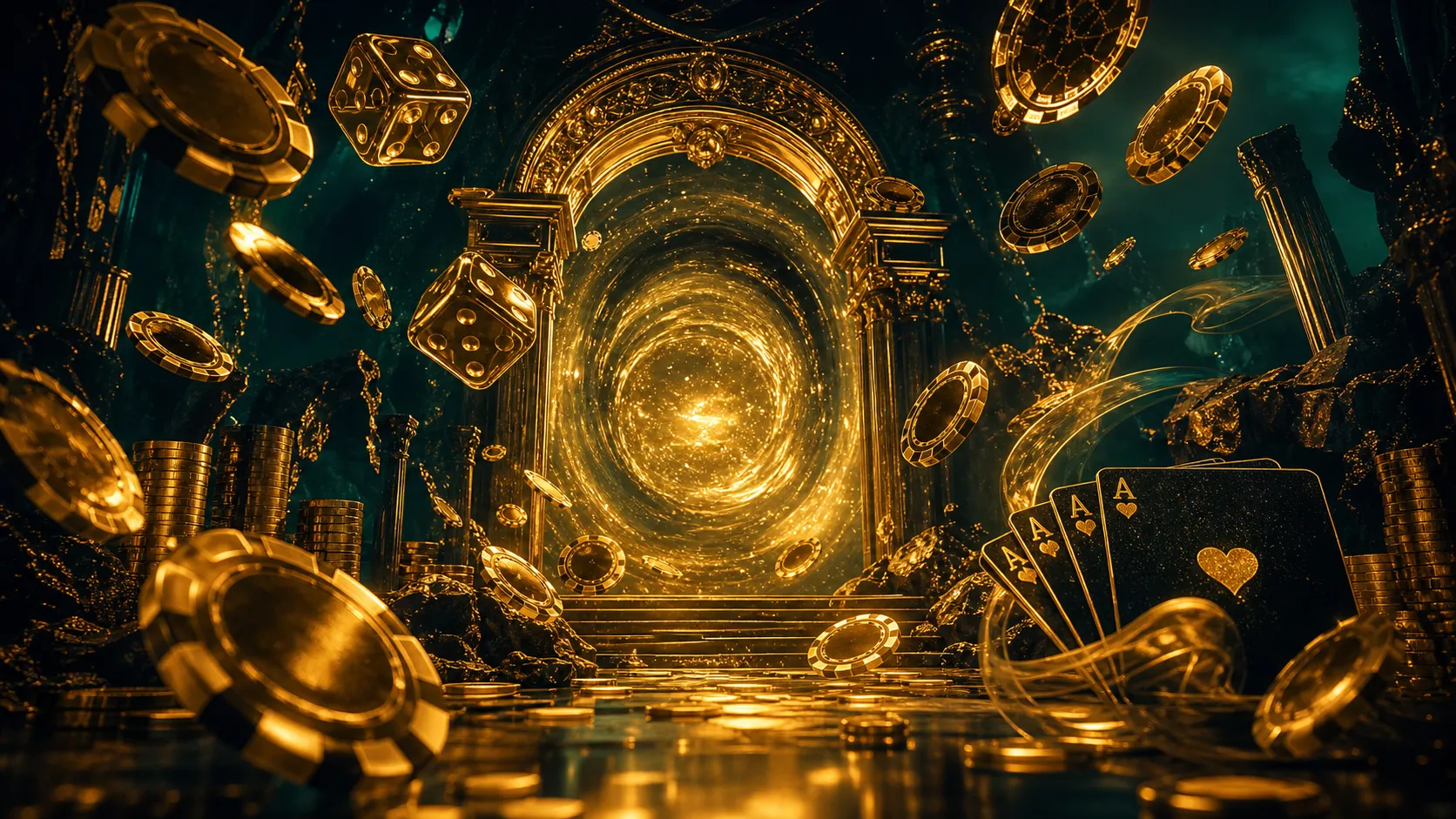 Futuristic neon-lit casino scene with glowing poker chips and dice floating in zero gravity.
